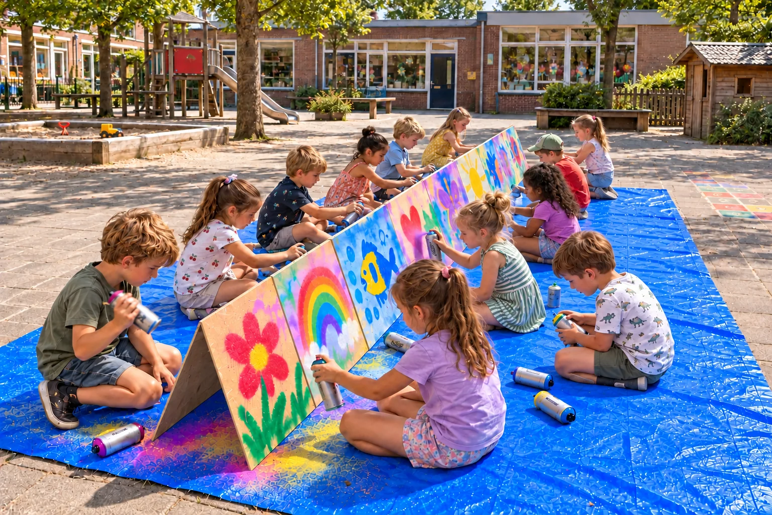 Twaalf kinderen maken graffiti op kleine panelen op blauw zeil tijdens een BSO-workshop op een schoolplein