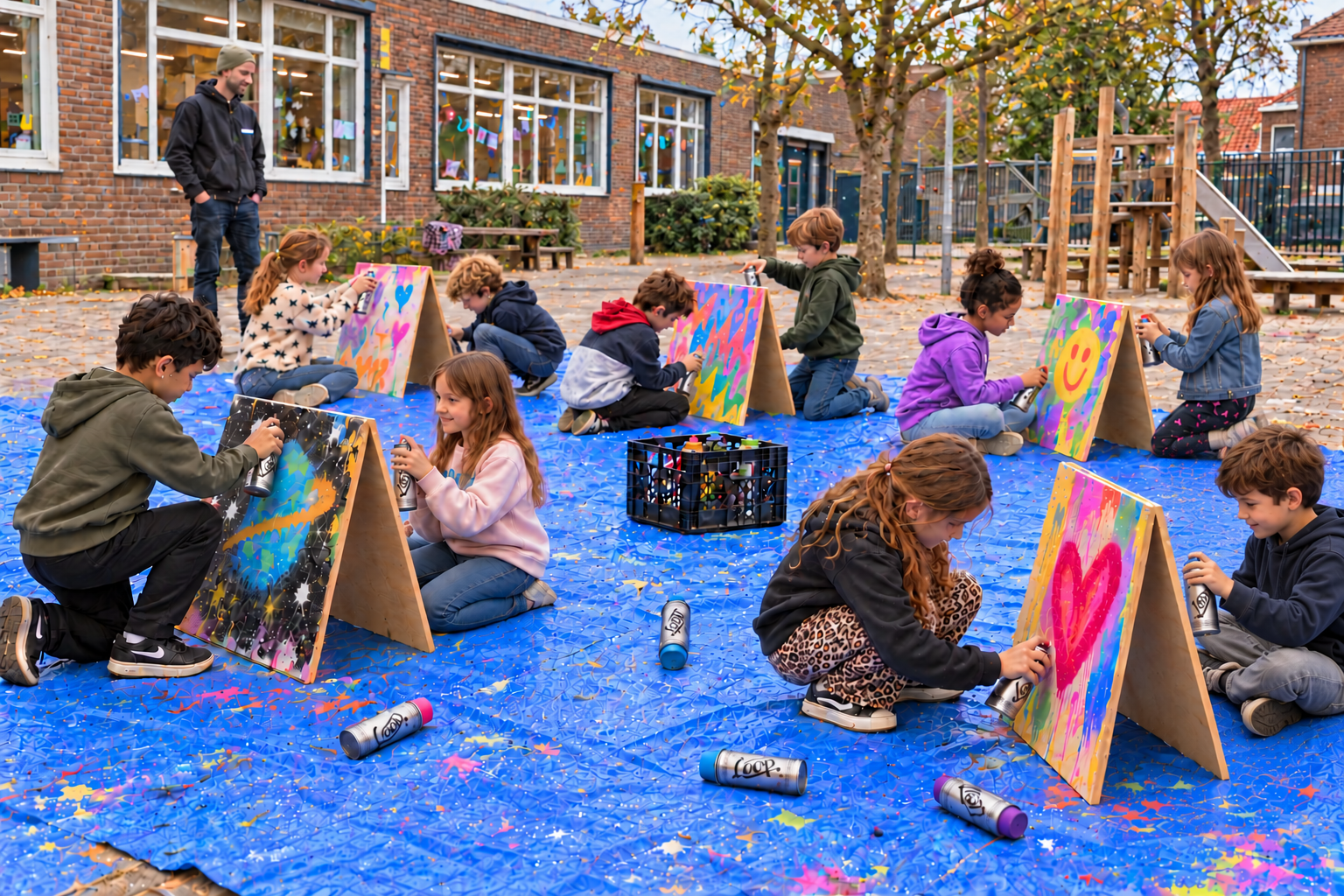Kinderen maken graffiti op dunne eigen panelen op blauw zeil op een schoolplein, met LOOP-spuitbussen