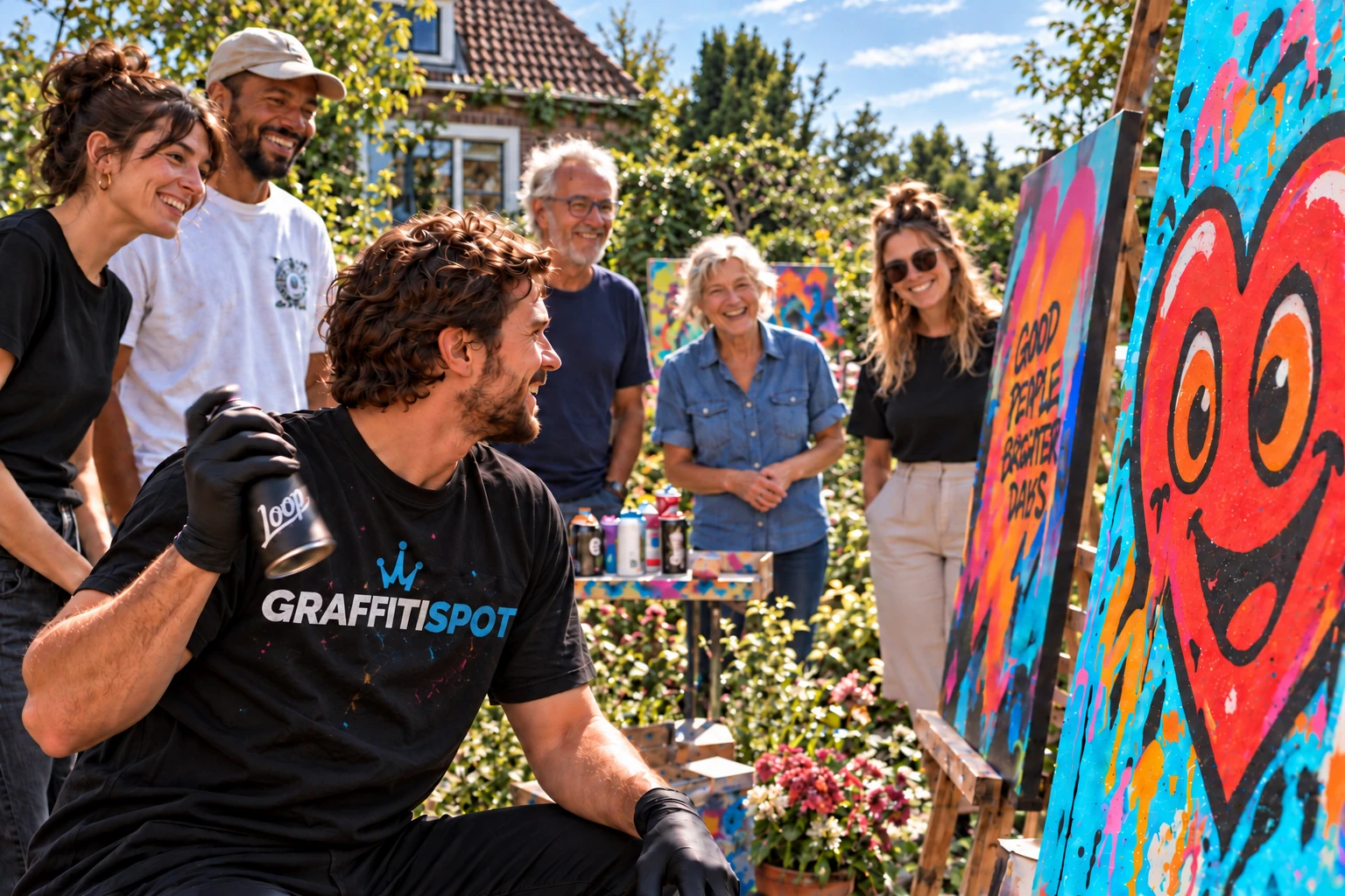 Jong en oud samen tijdens een creatieve graffitiworkshop voor een familiedag
