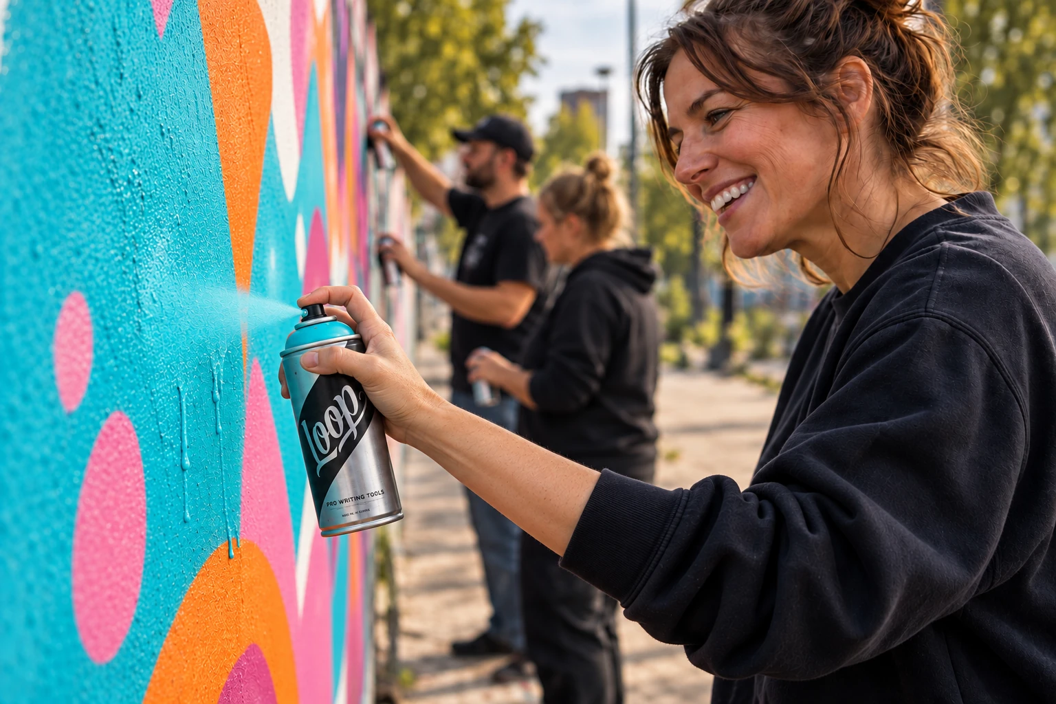 Deelnemers maken kleurrijke graffiti tijdens een workshop op locatie