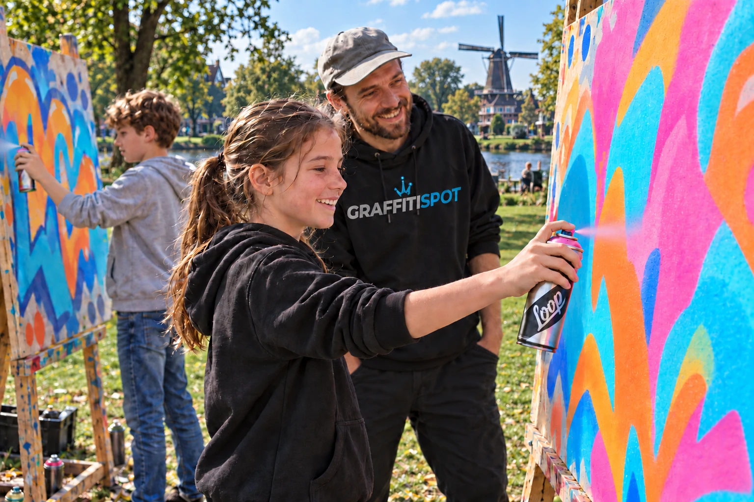 Leerlingen tijdens een graffitiworkshop met een begeleider van Graffitispot