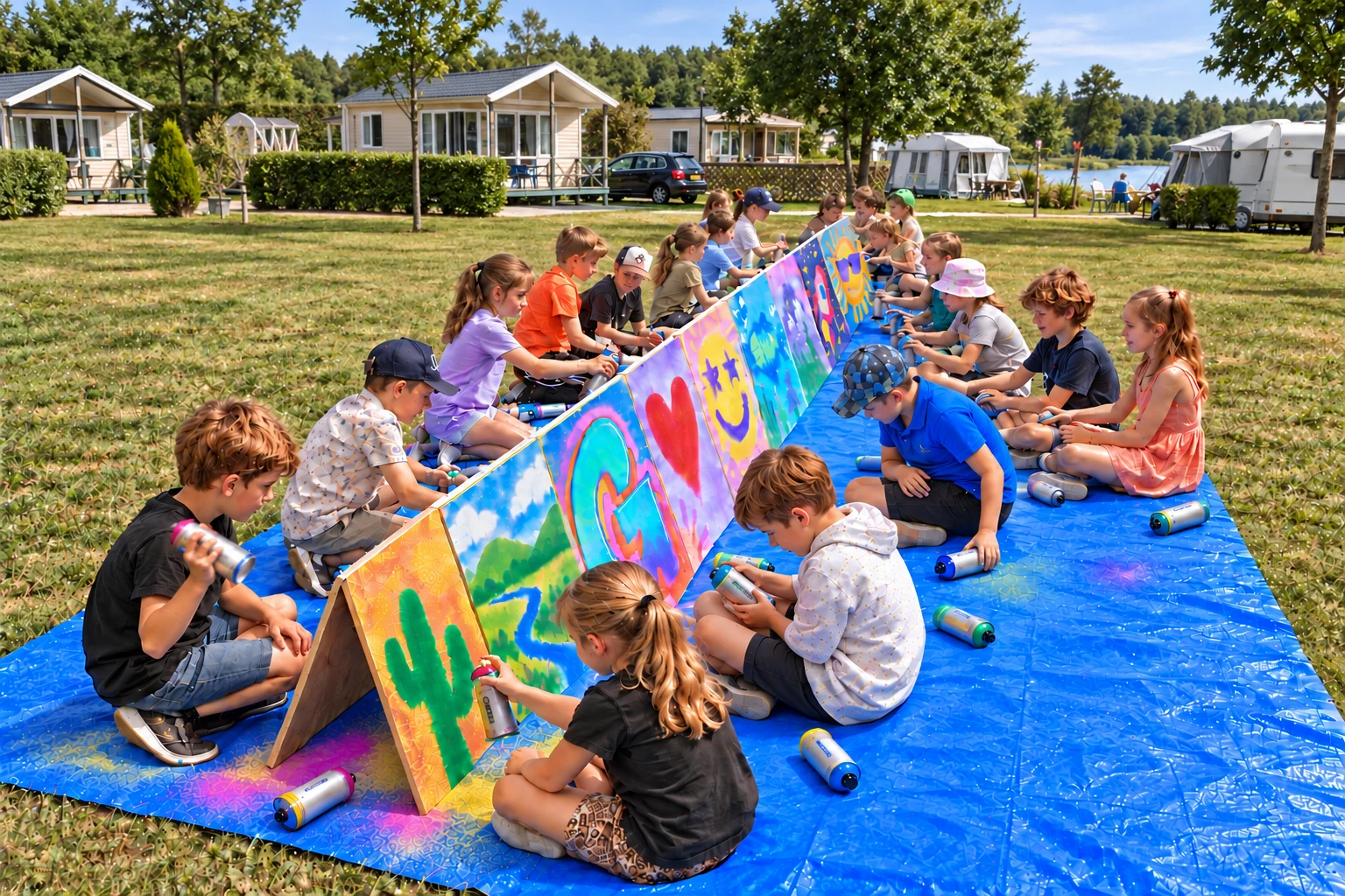 Kinderen maken graffiti op kleine panelen op blauw zeil, op een grasveld bij een vakantiepark