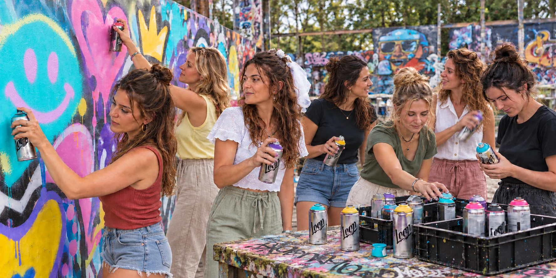 Zeven vrouwen tijdens een graffitiworkshop voor een vrijgezellenfeest met LOOP-spuitbussen